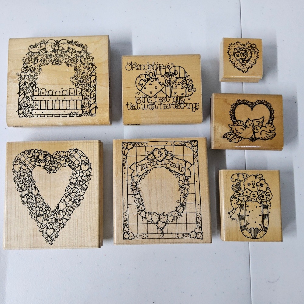 DOTS Rubber Stamps Lot 7 Wood Block Hearts Friendship Birds Garden Floral Vintag